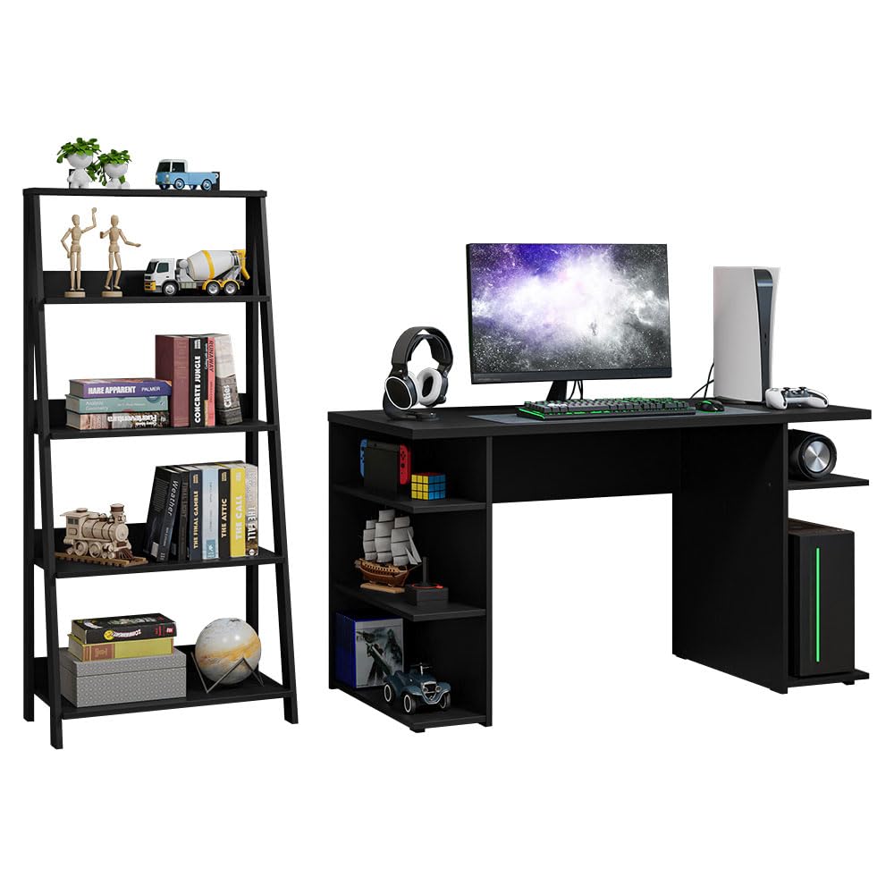 Madesa Gamer Desk 53" + Ladder Shelf Free Standing Bookcase - Black