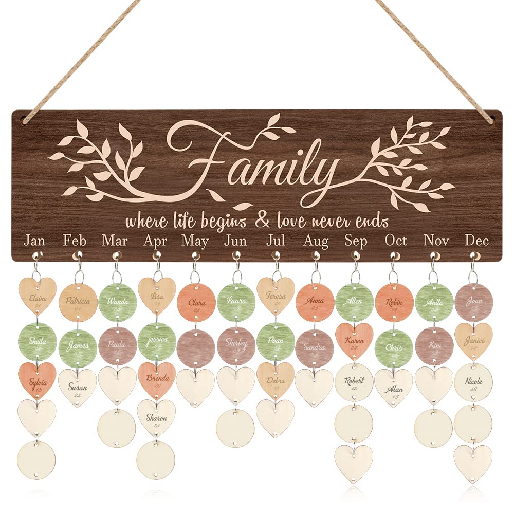 TOARTi Vintage Family Reminder Calendar Board (16''x5''), Rustic Wooden Hanging Birthday Anniversary Reminder with 100pcs Wood Tags, DIY Calendar Plaque Sign Gift for Friend/Mother/Grandma