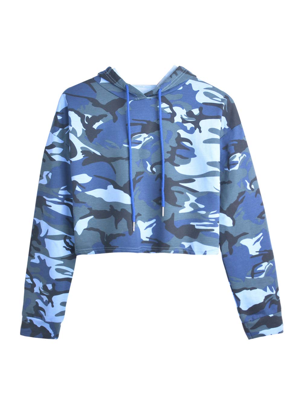 Women's Long Sleeve Plaid Checkered Sweatshirt Crop Top Hoodies Camo-Blue S