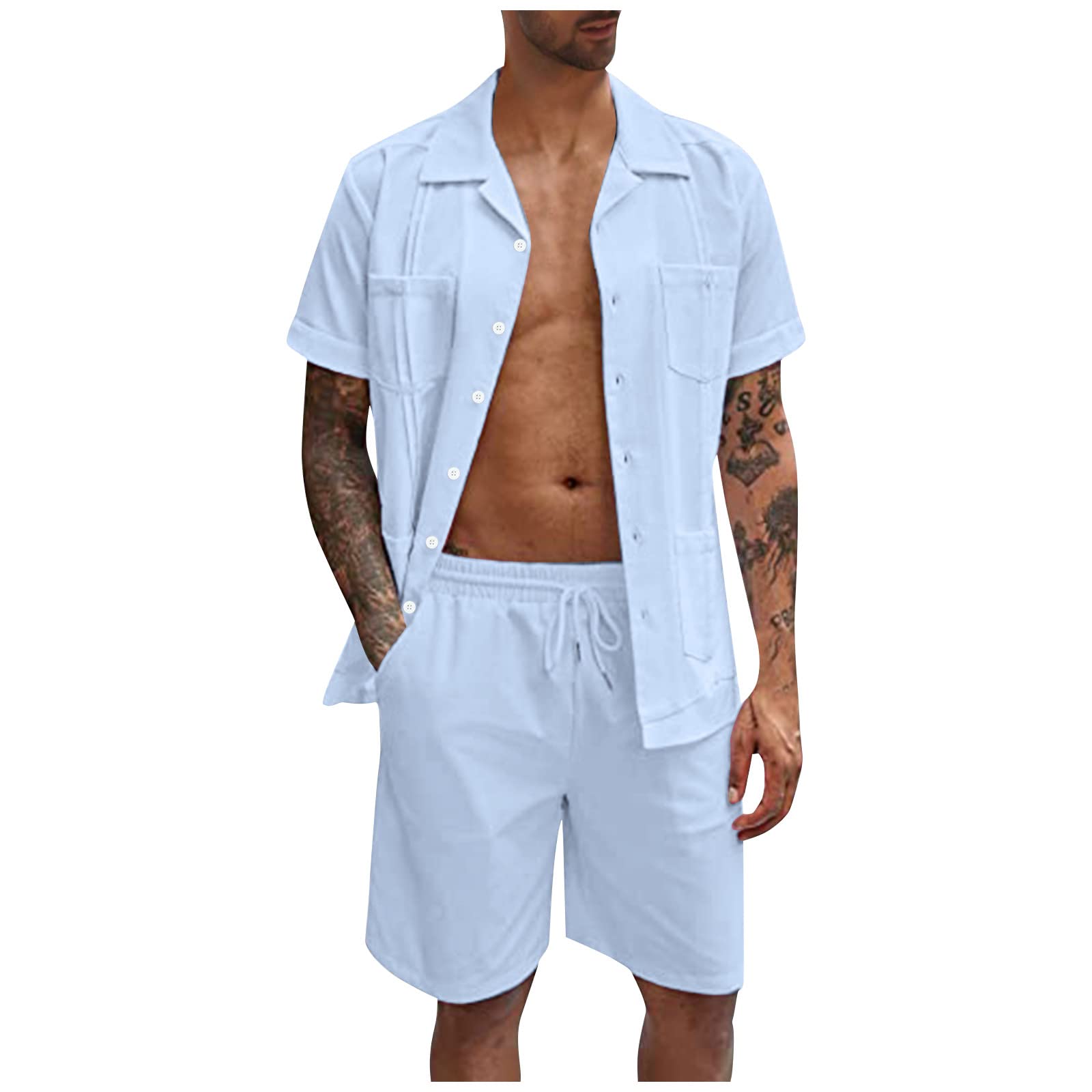 Summer Beach 2 Piece Outfits for Mens Casual Muscle Short Sleeve Tee Shirts and Classic Fit Sport Shorts Set