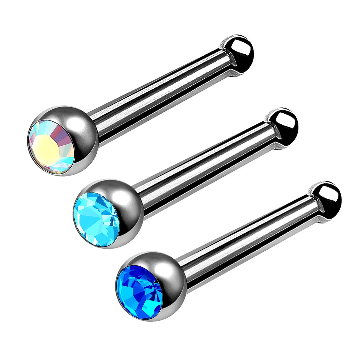 MATIGA 3Pcs Titanium 18 Gauge 9/32 7mm Bone Stud Nose Ring Piercing Jewelry 2mm Crystal More Choices