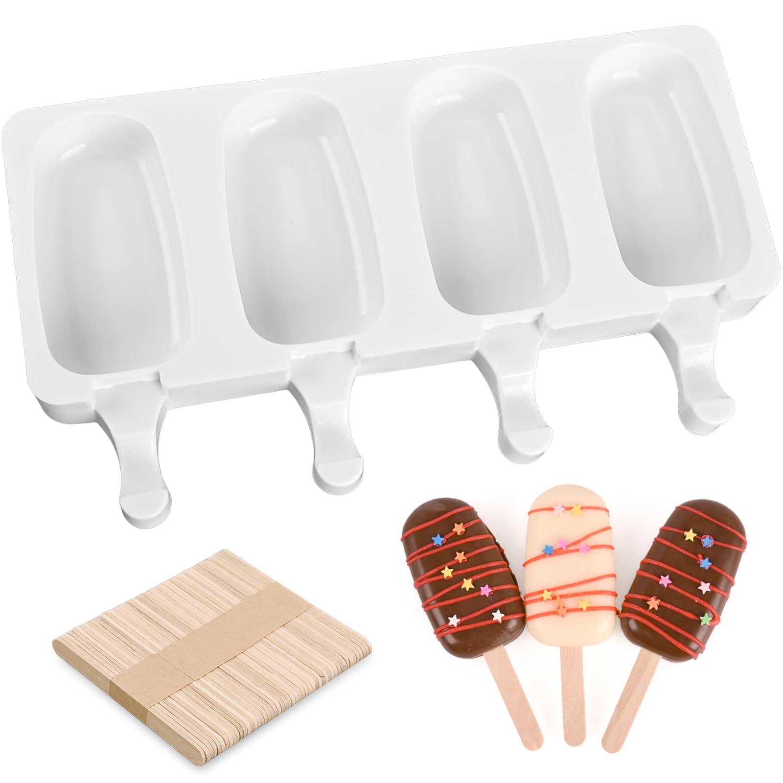 SAKOLLA Popsicle Silicone Mold, 4 Cavities Ice Pop Mold, Silicone Ice Cream Mold with 100 Wooden Sticks (Classic Oval)