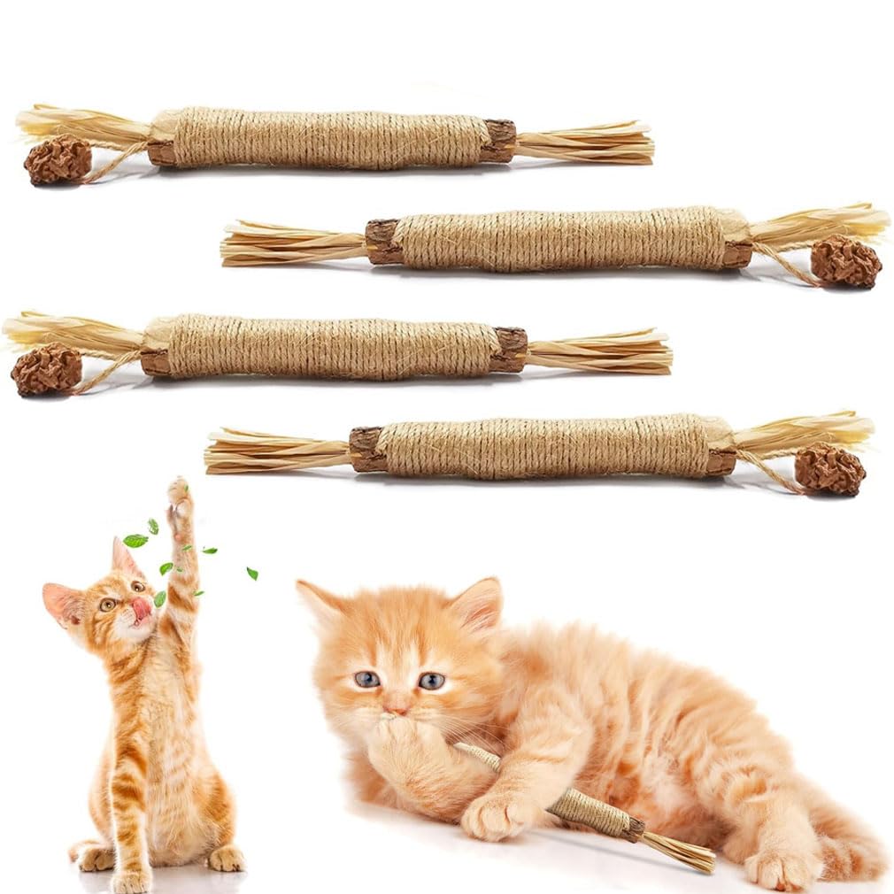 June tech4 Pcs Natural Matatabi Silvervine Chew Sticks, Natural Cat Teeth Nip Cleaning Catnip Toys for Indoor Kitten Teething and Stress