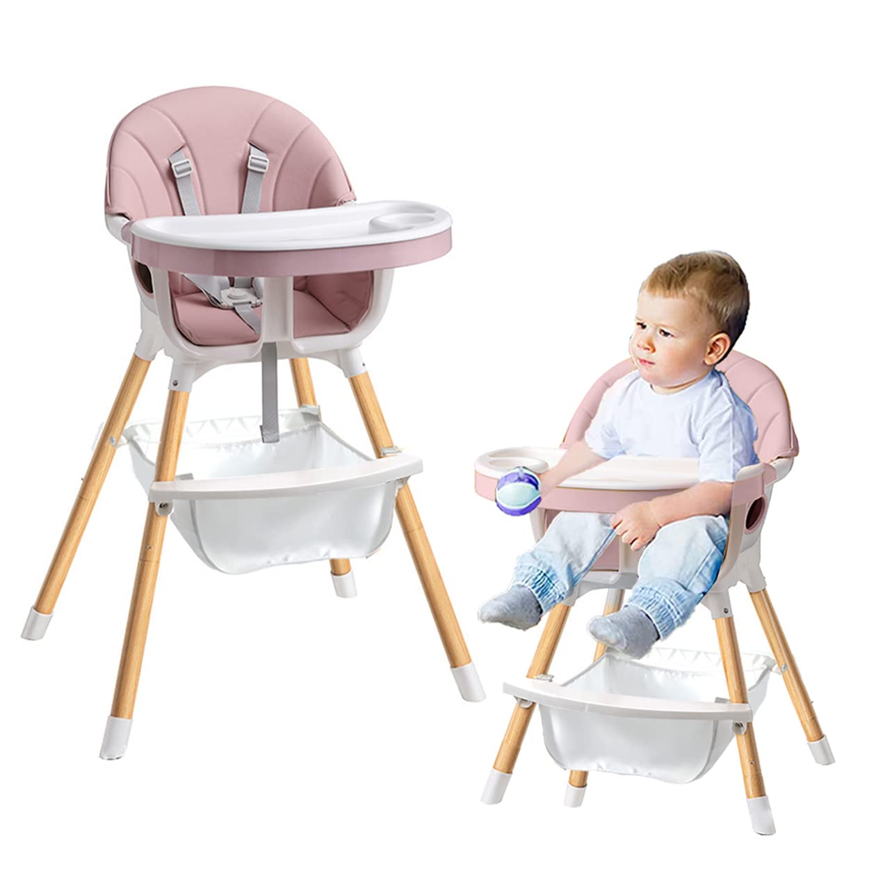 3 in 1 Convertible Baby High Chair, Wooden Highchair w/Double Removable Tray, Infant Feeding Chair-Toddler Chair, Adjustable Legs, Detachable Footrest, net bag & PU Cushion, 5-Point Harness (Pink)