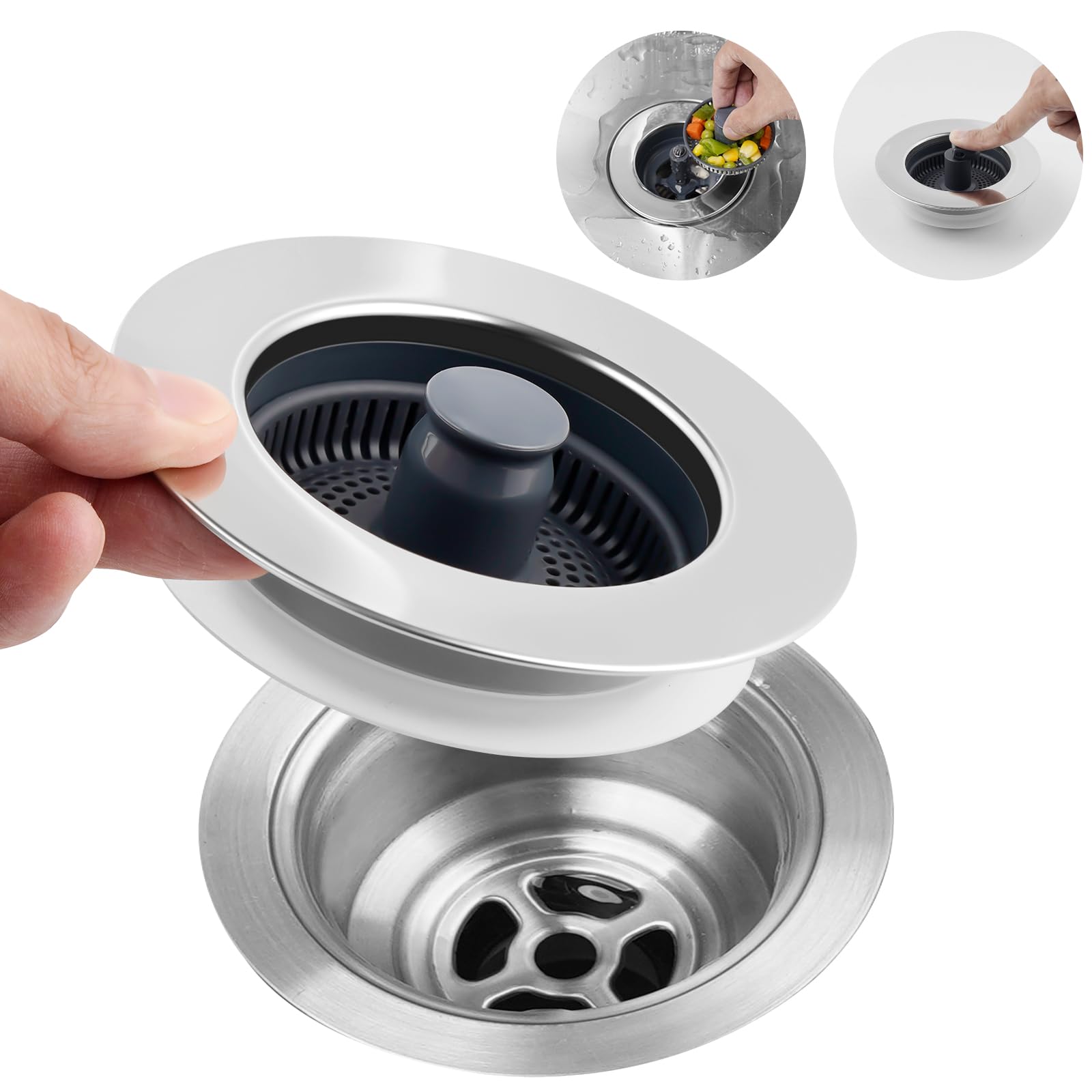 Hibbent 3 in 1 Kitchen Sink Drain Strainer, Stainless Steel Wrapped Shell Drain Stopper Combo, Pop Up Sink Stopper, Anti-Clogging Basket Strainer with Handle for US Standard 3-1/2" Drain