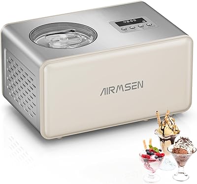 AIRMSEN 2.1-Quart Ice Cream Maker Machine with Built-in Compressor, No Pre-Freezing Required, Fully Automatic Frozen Treats Maker with LED Display & Timer, 72-Minute Cooling Function, Stainless Steel