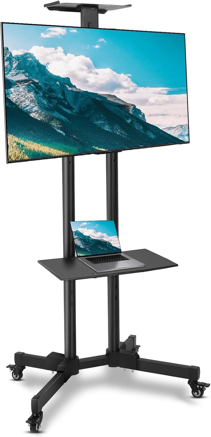 SKY-TOUCH Mobile TV Stand Rolling TV Cart for 32-65 Inch,Height Adjustable Floor TV Stand,Lockable Wheels&Removable Shelf for LCD LED 4K Flat Curved TV,110 lbs,Max VESA 600x400mm,180x76x56cm,Black