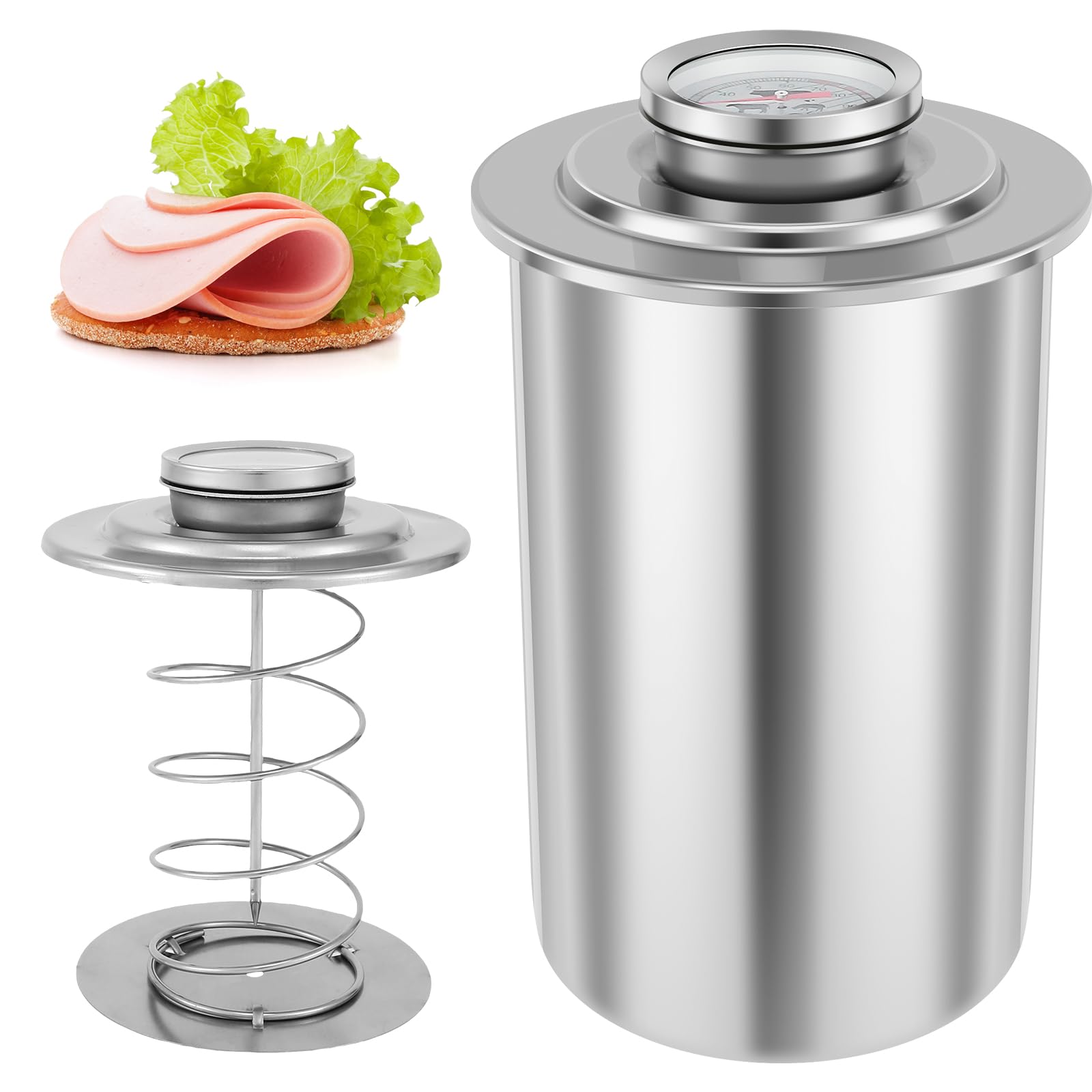 Ham Maker Stainless Steel Meat Press Cooker for Making Healthy Homemade Deli Meat with a Thermometer Round Shape Deli Meat Press Mold for Meat Pork Seafood Beef Fish Poultry