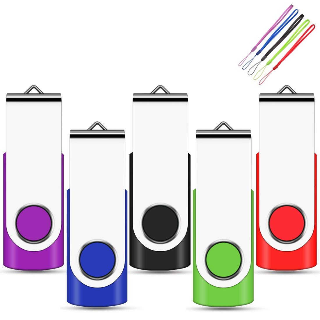 EASTBULL 2GB Usb Stick 5 Pack, Memory Sticks USB 2.0 Metal Flash Drive Swivel Design Fold Storage with 5 Color Lanyards