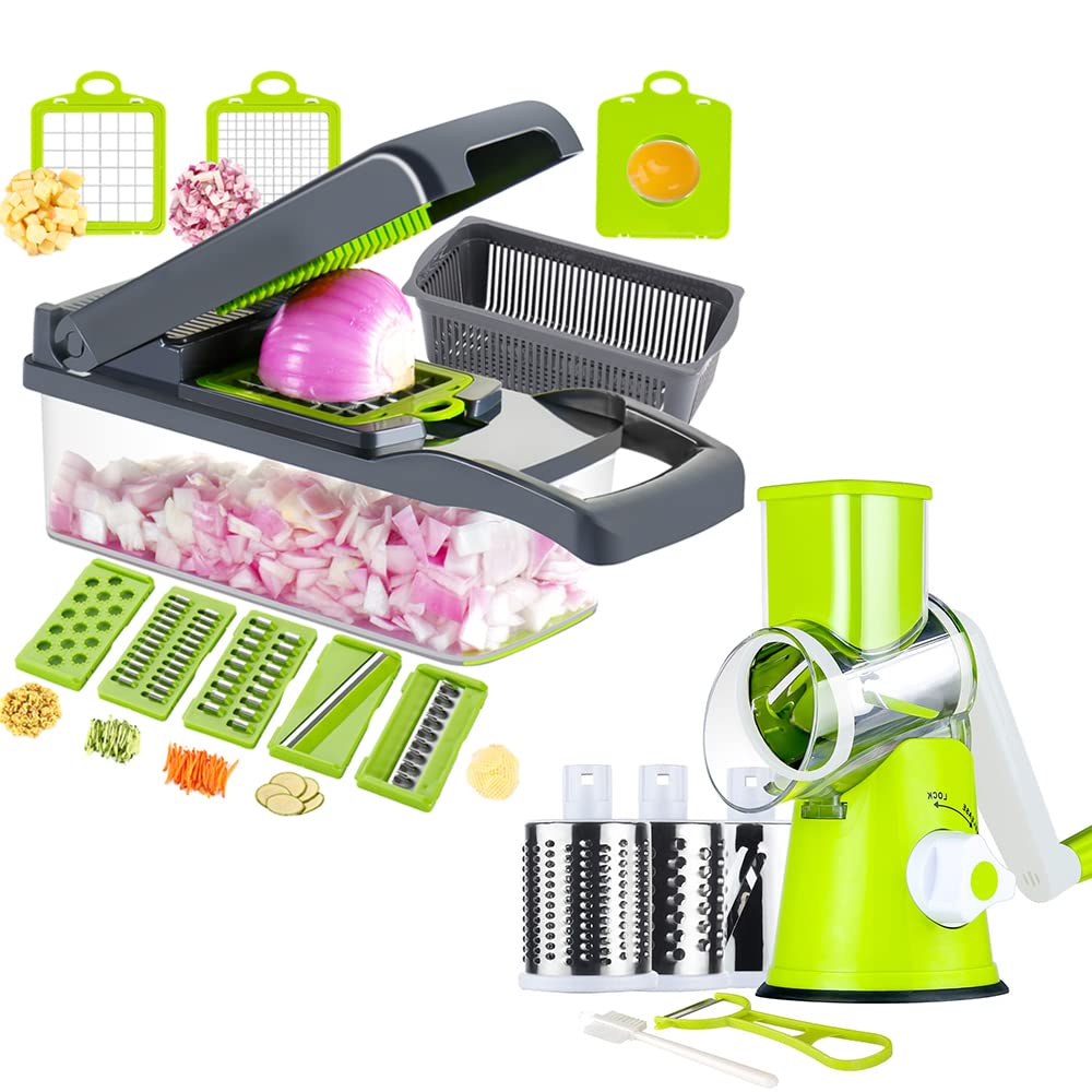 Ourokhome Rotary Cheese Grater with 3 Stainless Steel Drum Blades and 12 in 1 Professional Mandolin Slicer for Kitchen with 1.7 L Vegetable Container