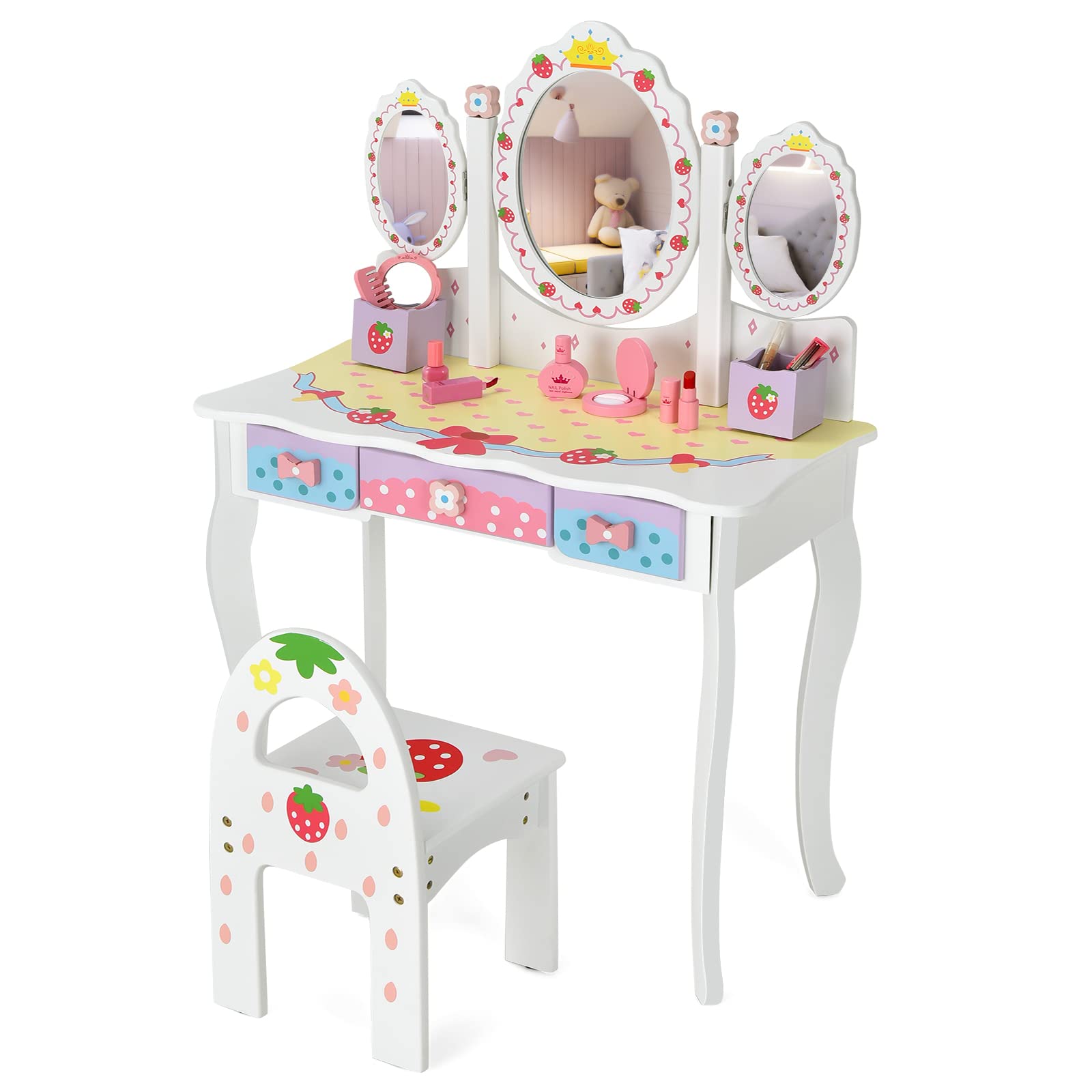 HONEY JOY Kids Vanity, Strawberry Princess Wooden Makeup Dressing Table & Chair Set w/Real Glass Tri-Fold Oval Mirror & Accessories, Detachable Top, Pretend Play Vanity Set for Little Girls(White)