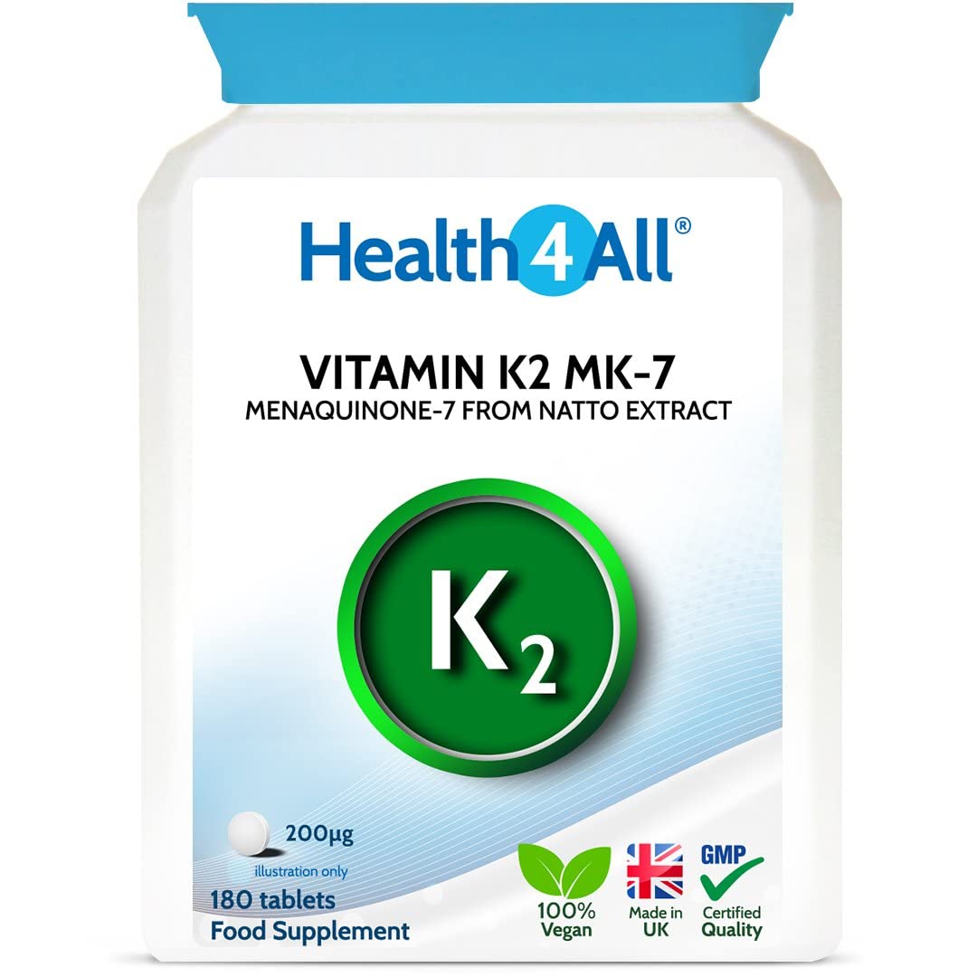 Health4All Vitamin K2 MK7 200mcg 180 Tablets (V) Natural Vegan MK7 from Natto Beans Fermentation. High Strength k2mk7 Tablets (not Capsules) K2 Vitamin Supplements. VIT K2 mk7