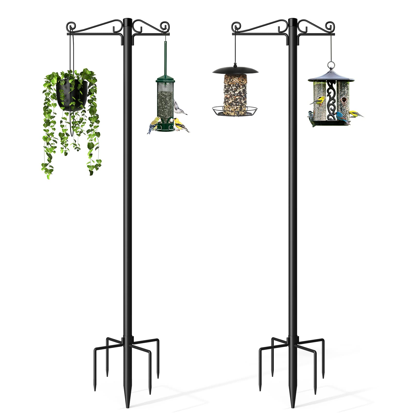 Mr IRONSTONE Adjustable Bird Feeder Pole Double Shepherds Hooks for Outdoor Hanging of Solar Lanterns, Plants Baskets, 76" Bird Feeder Stand Heavy Duty with 5 Prongs Base, 2 Pack