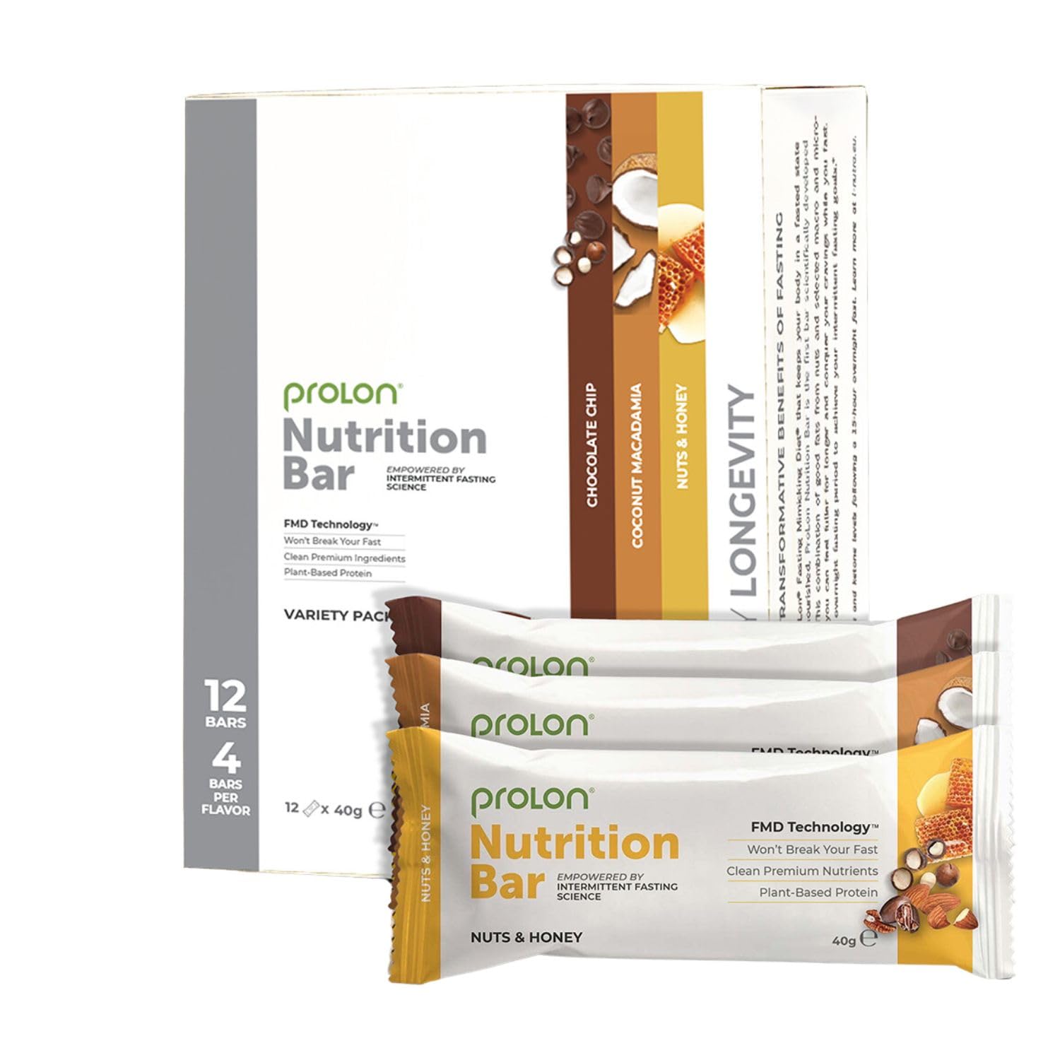 ProLon Nutrition Bar | Intermittent Fasting Bar | Vegetarian & Gluten Free | Plant Based Protein Compatible with Keto Diet | Developed to Not Break a Fast | Made in Italy | 12 Ct, Variety