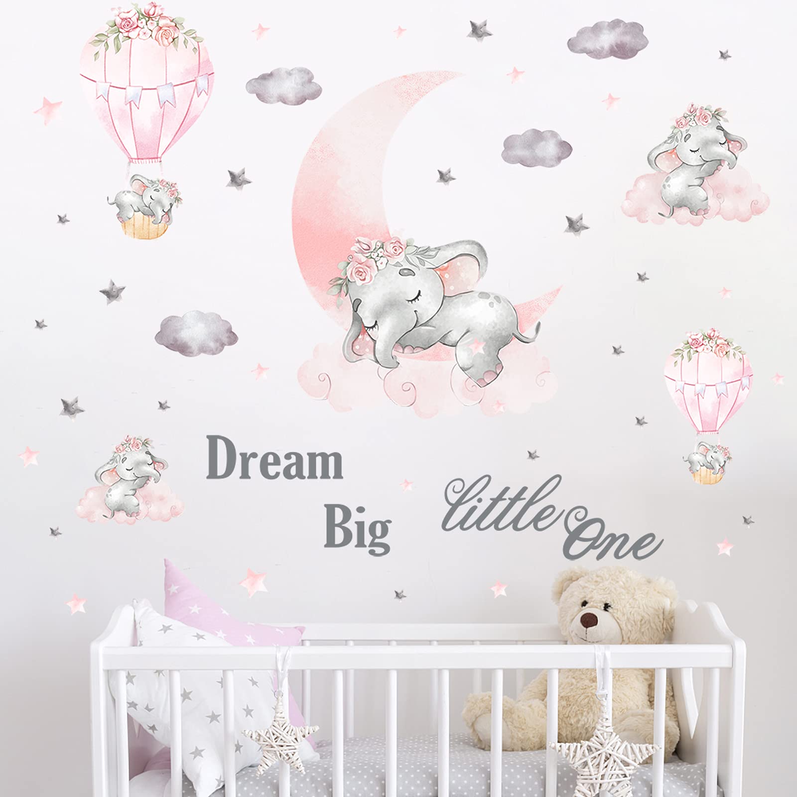 MYKASENMYKASEN Large Pink Baby Elephant Wall Decal, Cute Five Elephant Dream Big Little One Wall Stickers Pink Moon Grey Stars Cloud, Removable Nursery Wall Decor for Baby Kids Boy Girl Bedroom Cradle