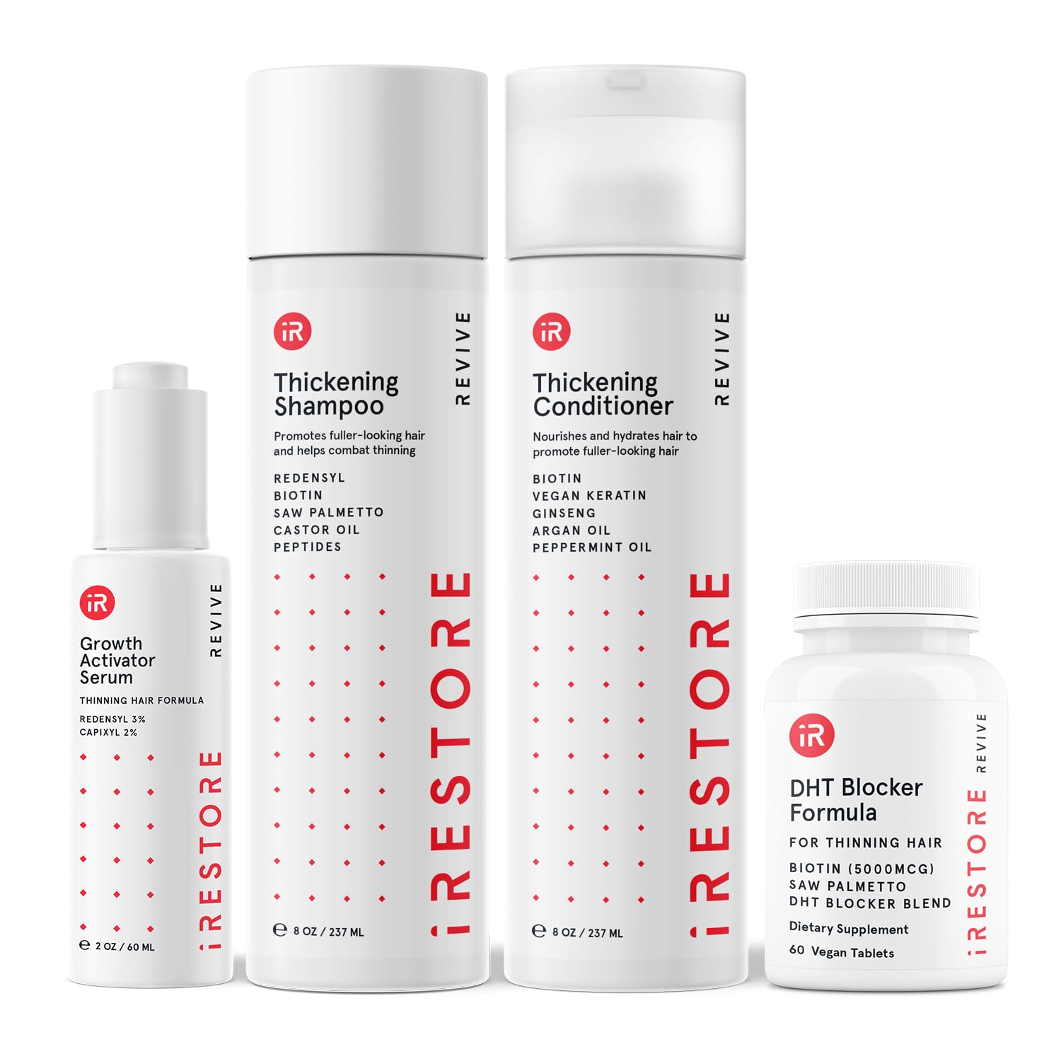 iRestore Max Growth Bundle includes our DHT Blocker Formula Supplement, Growth Activator Serum, Thickening Shampoo, and Conditioner to Combat Thinning and Promote Growth