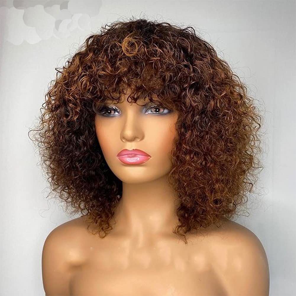 DIGAO Fluffy Explode Curly Wig Small Curly Explode Wig Curly Afro Short Wig with Bangs Shoulder Length Wig Synthetic Heat Resistant Wig for Cosplay Women Daily Life Party Outdoor Using14inch (BROWN)