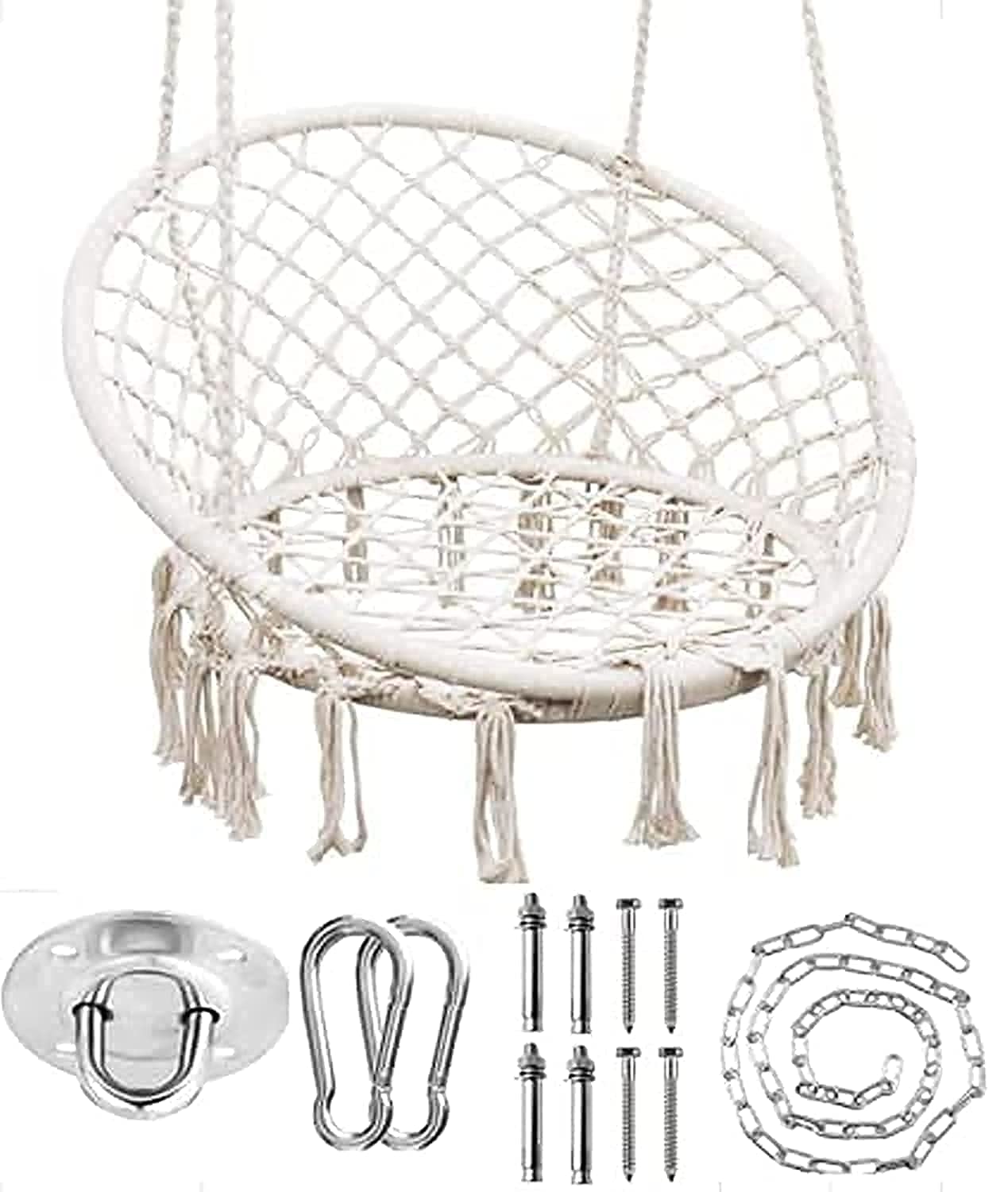 YRYM HT Macrame Swing Chair with Hardware Kit, Exquisite Dreamy Cotton Rope Hanging Swing Chair for Bedroom, Hammock Chair for Indoor, Outdoor, Patio, Yard(Max 330 LBS, Beige)