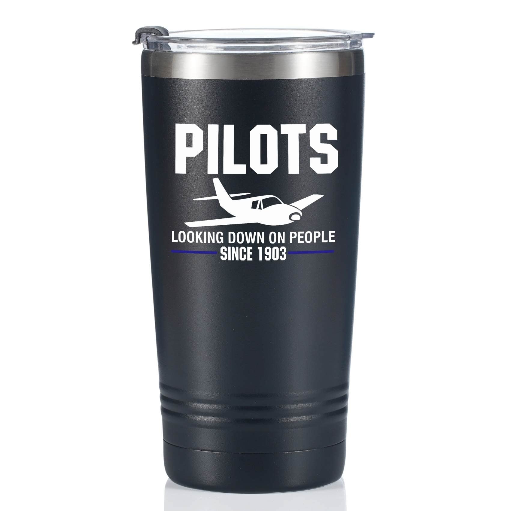 Onebttl Pilot Gifts For Men, Male, Him - Pilot Looking Down on People Since 1903 - 20oz/590ml Stainless Steel Insulated Tumbler with Lid, Message Card - Aviation, Airplane Gifts for Aviator - (Black)