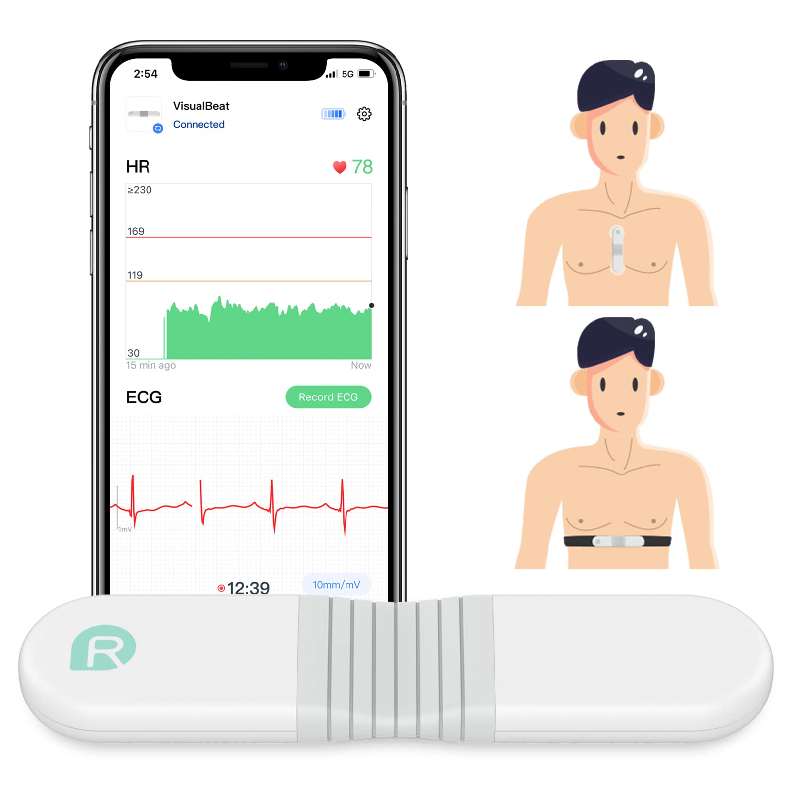 Wellue VisualBeat Chest Strap/Strap-Free Heart Rate Monitor, Bluetooth ANT+, 24h Heart Rate Tracing, 30 mins Waveform Recording, APP w ECG Function, Wireless Wearable HR Monitor with Vibration Alert