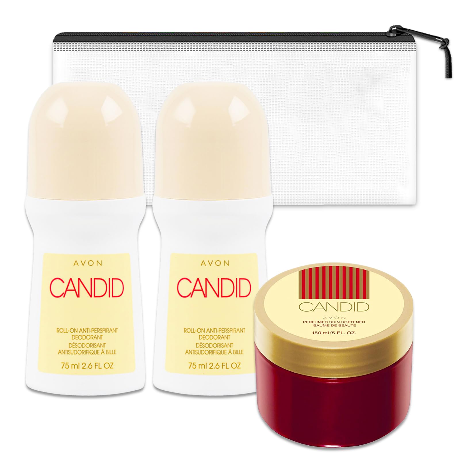 Avon Candid Perfumed Cream Skin and Deodorant Travel Pack - Avon Skin Moisturizer Cream and 2 Pack Roll-On Anti-Perspirant Deodorant Travel Size 2.6 Oz Bundle with Bag | Travel Size