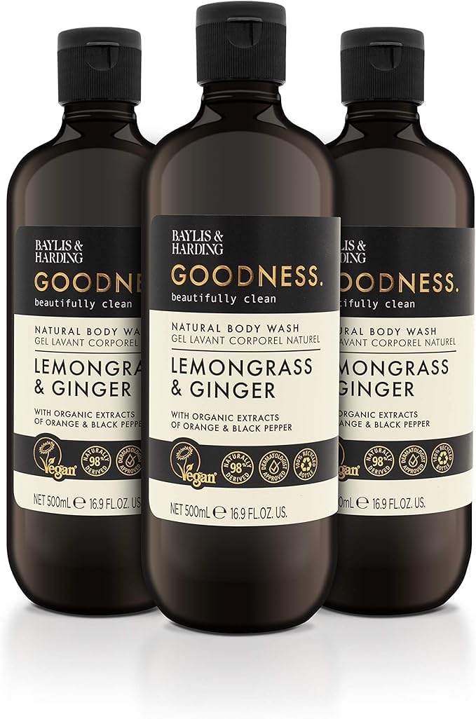 Baylis & Harding Goodness Lemongrass and Ginger Body Wash, 500ml (Pack of 3) | Vegan | Moisturising & Hydrating | Organic Extracts | Paraben Free