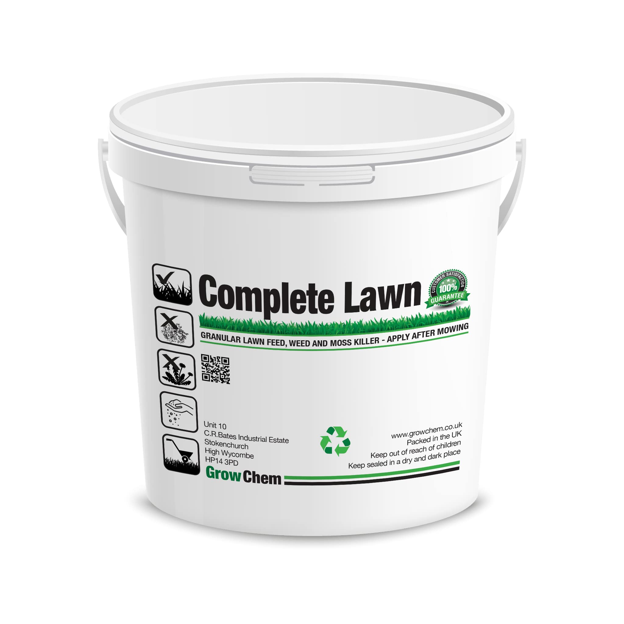 Grow Chem Complete Lawn Fertiliser, 1KG Bucket (32 sq metres) Weed and Moss Killer, Mini Granules, NPK 12-2-4 All in One Lawn Treatment For All Types of Lawn/Turf