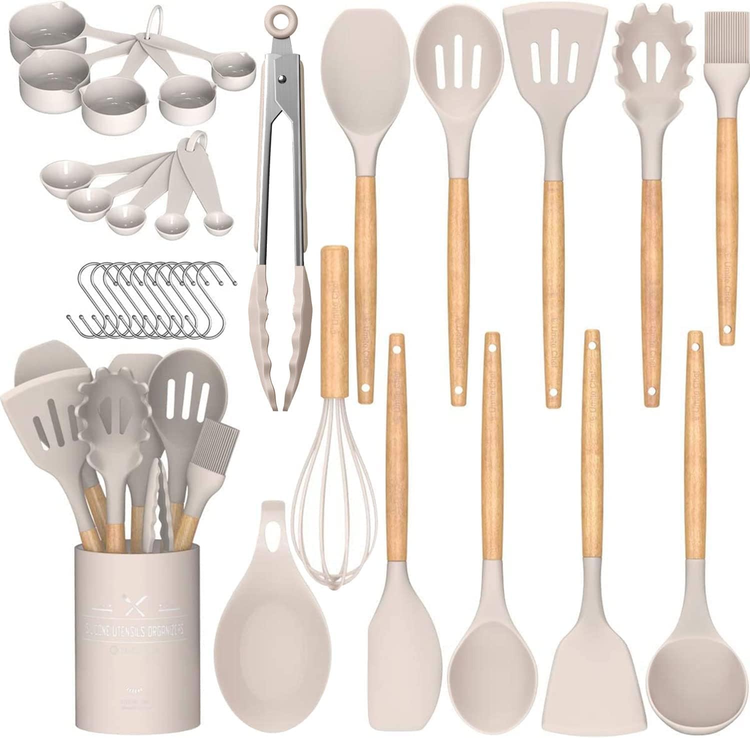 Umite Chef - 24 Pcs Silicone Kitchen Utensils Set Non-Stick with Stand, Wooden Handle, Heat Resistant, BPA Free Khaki 24pcs