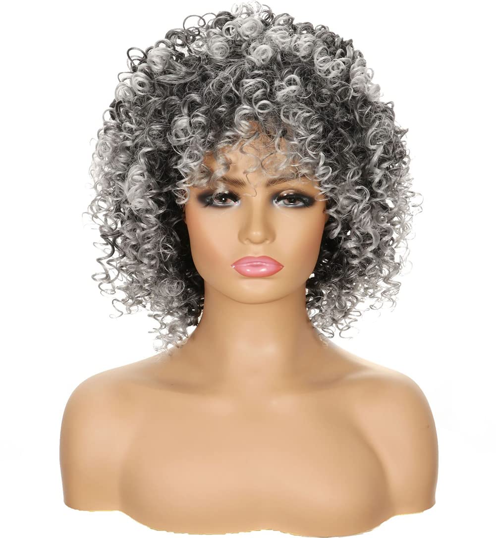 Digao Fashion Afro Curly Gradient Fluffy Gray for Black Women Short Wave Wig Ombre Color High Temperaure Wig (Grey)