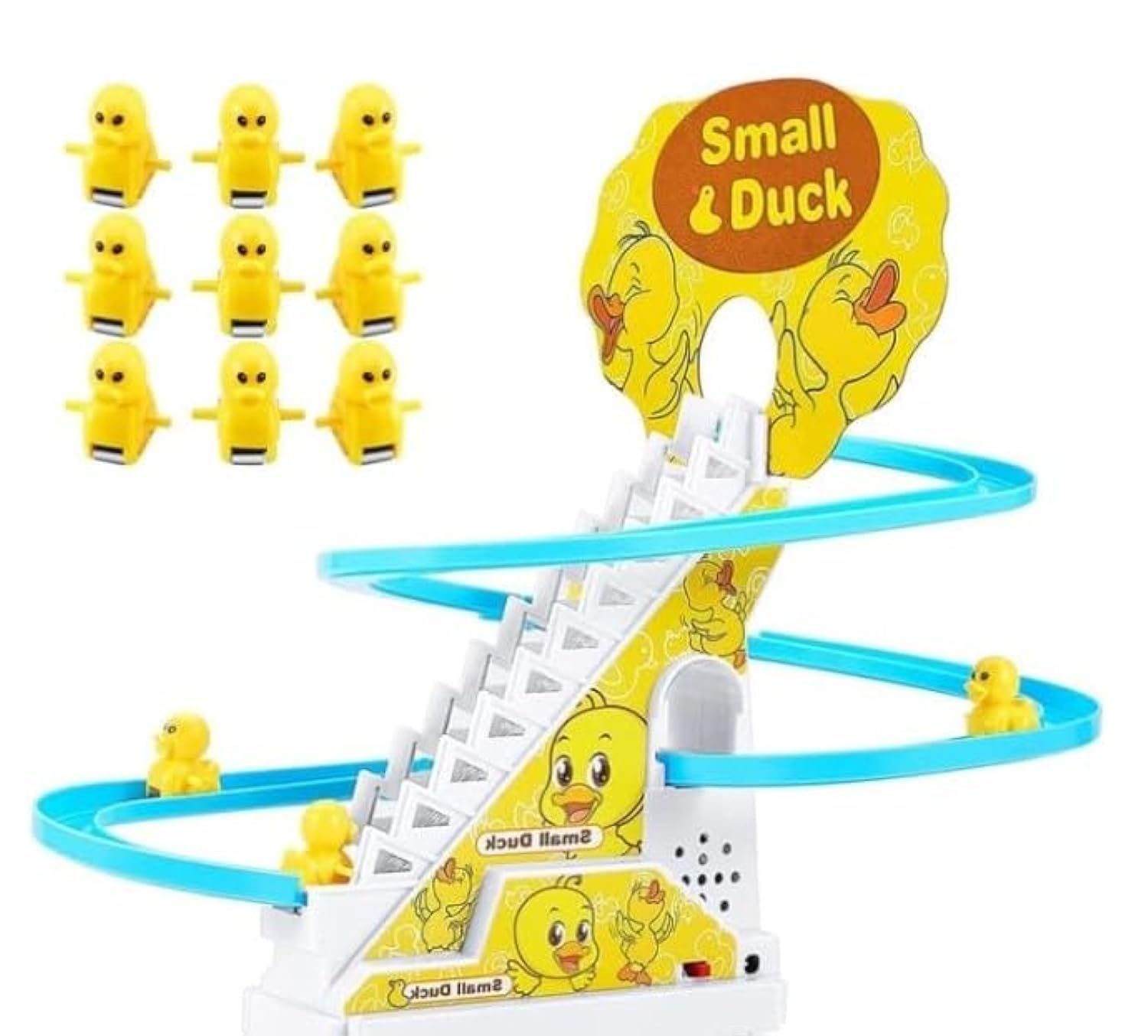 Small Duck Slide Toy,Electric Duck Climbing Stairs Tracks Slide Toy Set,Duck Roller Coaster Toy with Flashing Lights & Music On/Off Button