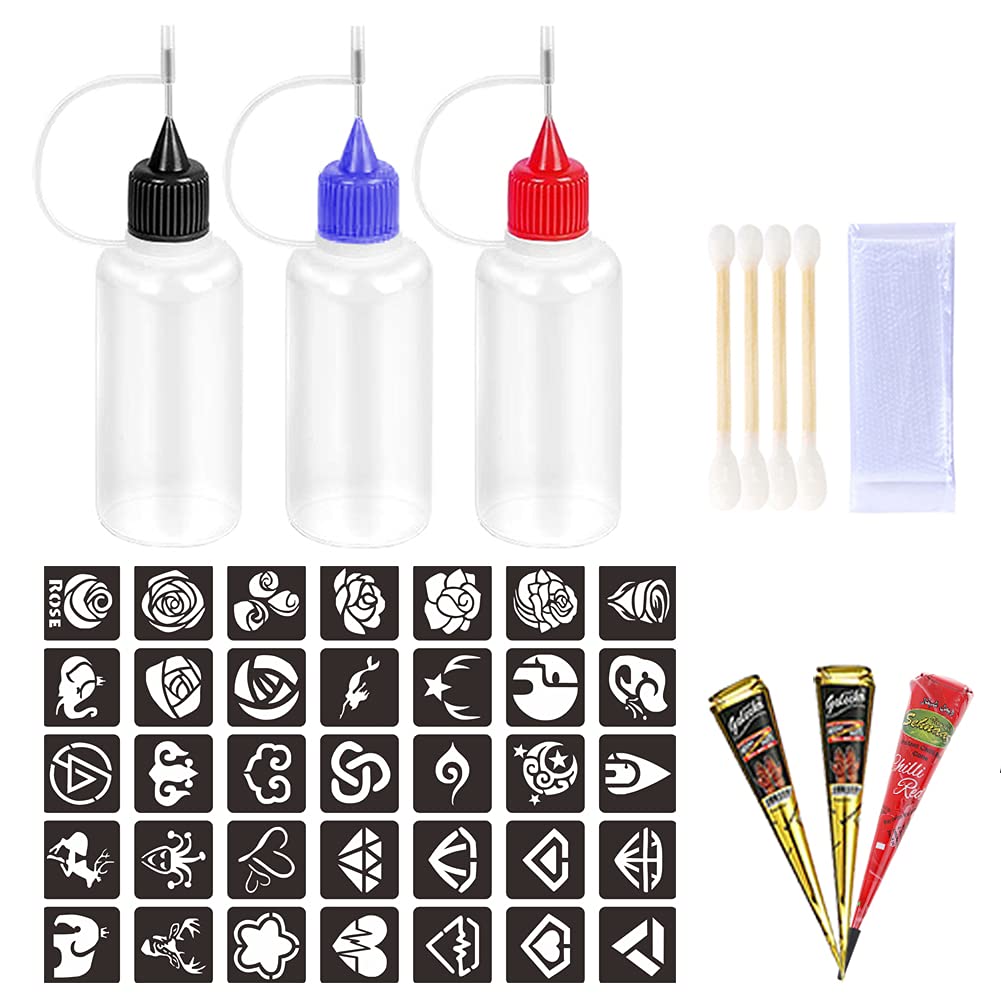 Jagua Henna Temporary Tattoos Kit Applicator Bottles Body Art Stencils for Henna Tattoo Ink Cone Paste 3 Pcs (Black/Red)