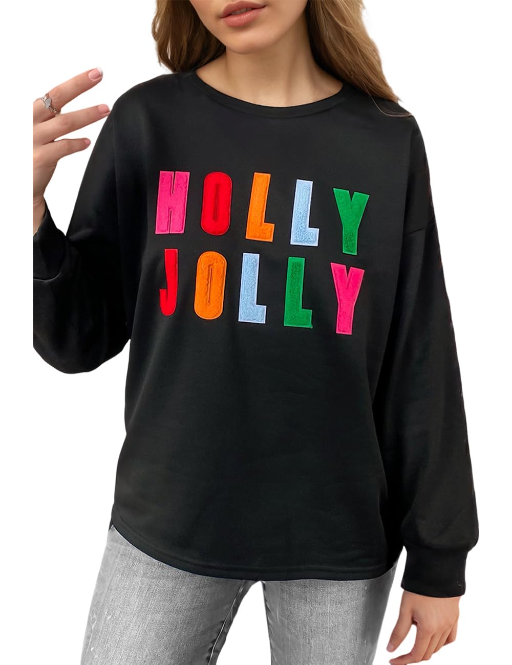 EcosunnyChristmas Sweatshirt Womens Chenille Holly Jolly Graphic Shirt Crewneck Long Sleeve Casual Sweater Pullover Tops