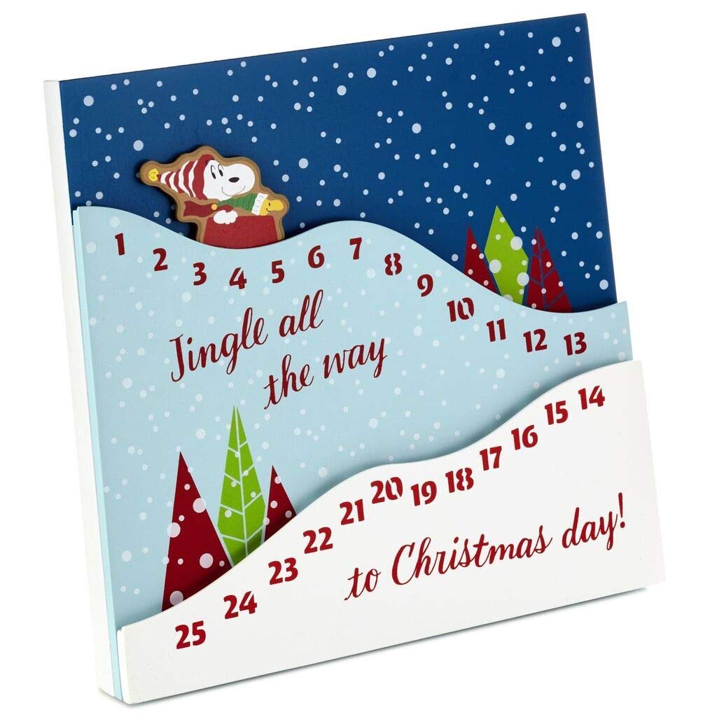 HMK Peanuts Sledding Snoopy Wooden Christmas Countdown Calendar, 12 x 12 Inch