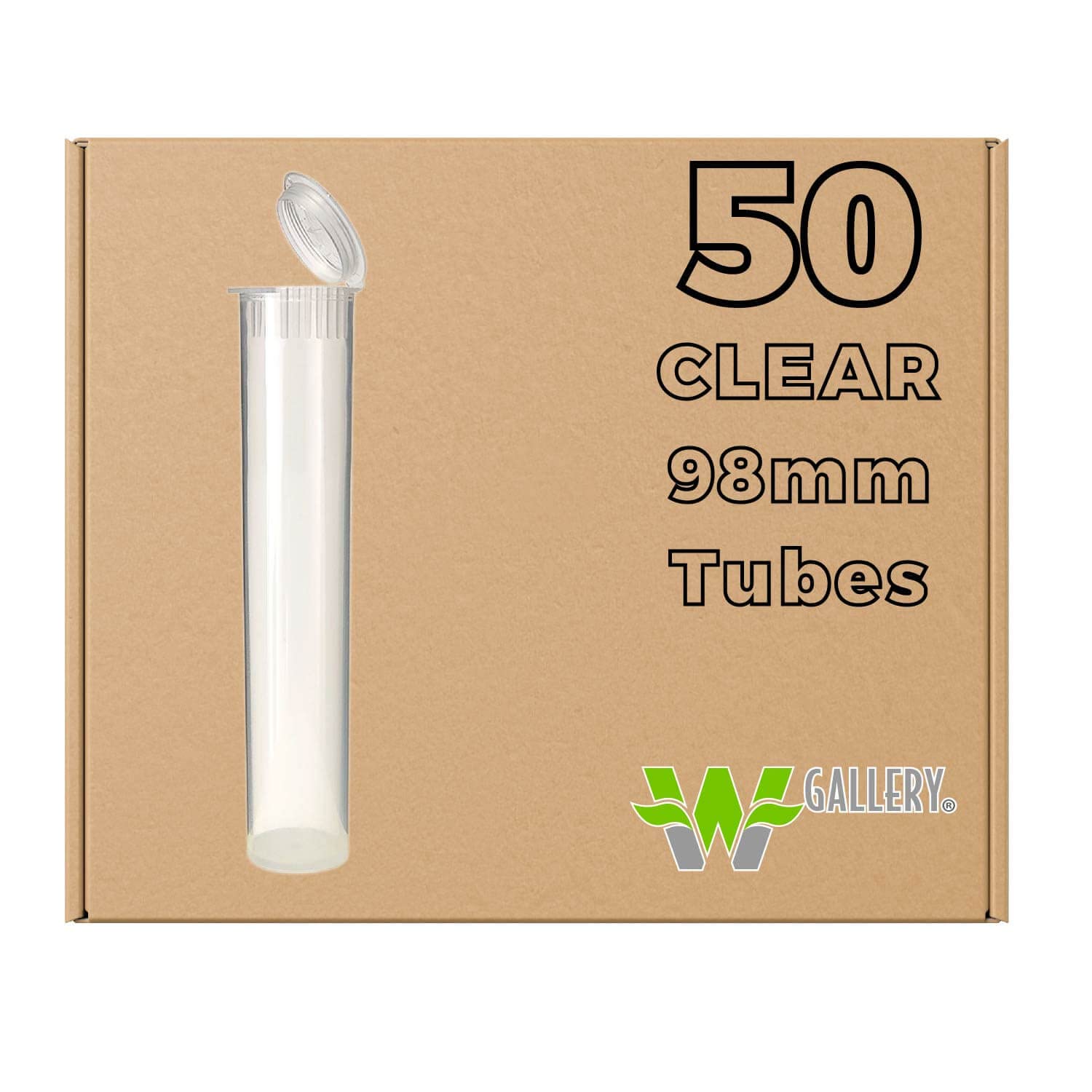 W Gallery 50 Clear 98mm Open Cap Pop Top Tubes - Airtight Smell Proof Containers - Plastic Medical Grade Prescription Bottles for Pills Herbs Flowers Supplements, Bulk Pack, Not Glass Jars