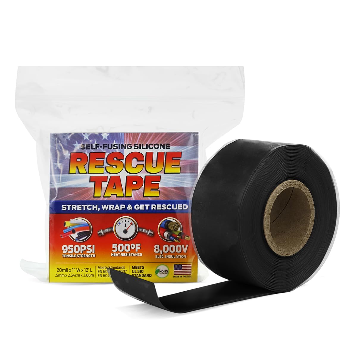 Rescue Tape Bond It, Self-Fusing Silicone for Emergency Plumbing, Pipe & Hose Repair, Electrical Insulation, Waterproof, 950PSI, 1" x 12', Black