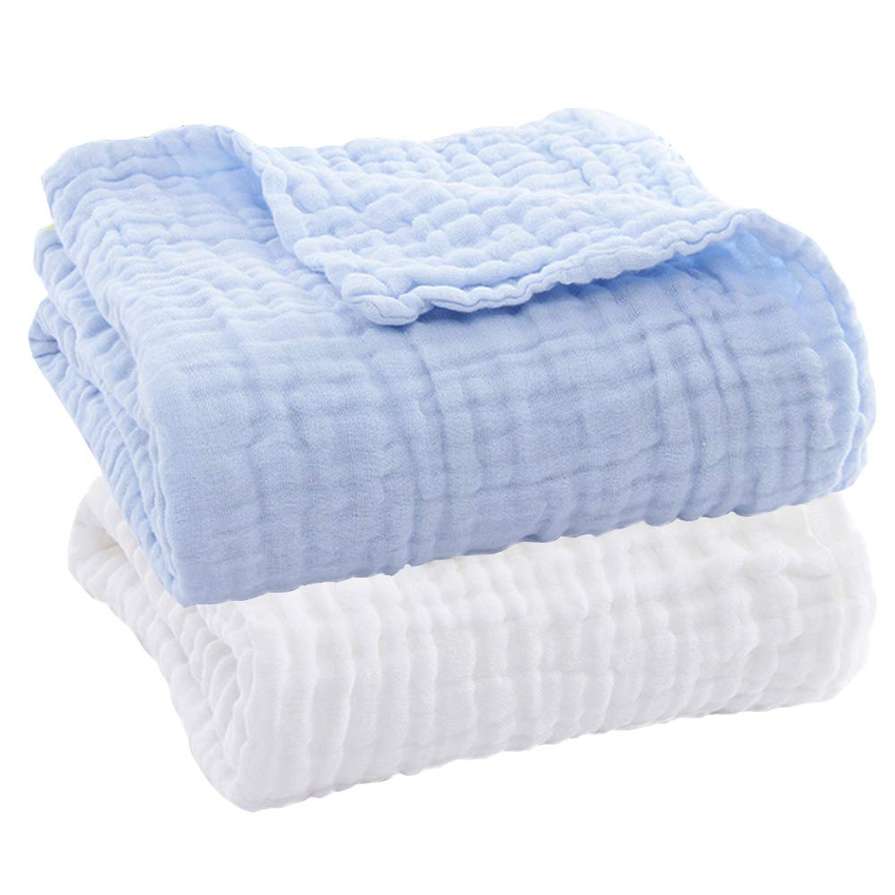 Baby Muslin Bath Towels - Set of 2 Large Size 43X43 Inches Swaddle Blanket for Newborn Toddlers Boys Girls (White & Blue)