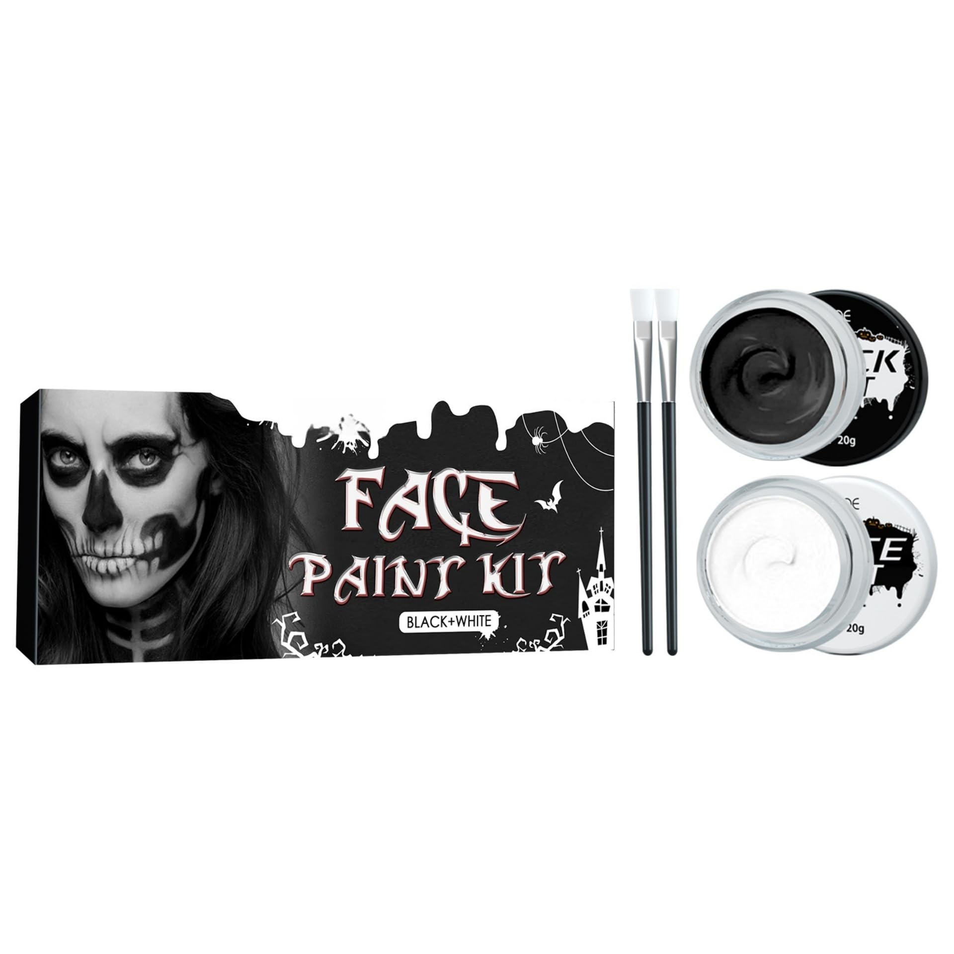 JDLYEVER Special Effects Makeup Paint for Costume Parties Such as Skull or Black and White Face Paint, Long-Lasting Easy-to-Apply and Blend Highly Pigmented, White paint*1+black paint*1+brush*2