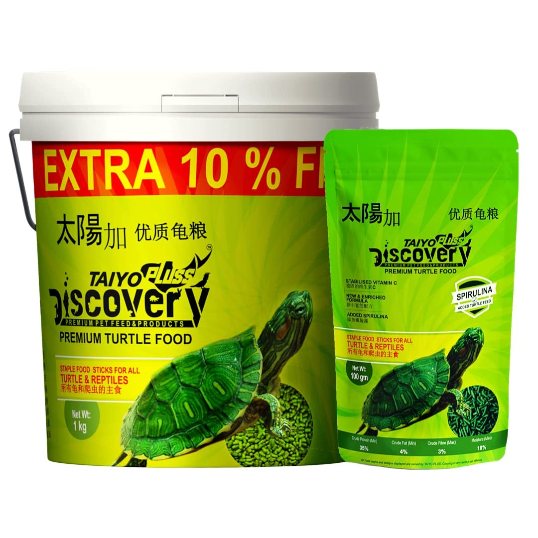 TED TABBIES Taiyo Pluss Discovery Premium Turtle Food, 1 Kg Bucket With Free 100 G Pouch (Combo 2) , All Life Stages, Staple