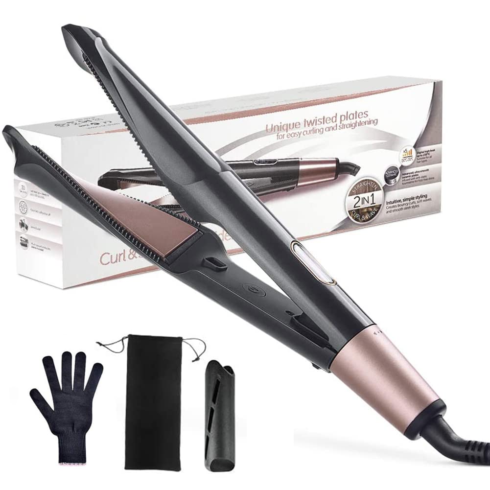 Hair Straightener and Curler 2 in 1, Negative Ions Hair Curler and Straightener for Hair Curl, Straighten or Wave, Instant Heating, LCD Display, Temperature Adjustable and Auto Shut Off Black