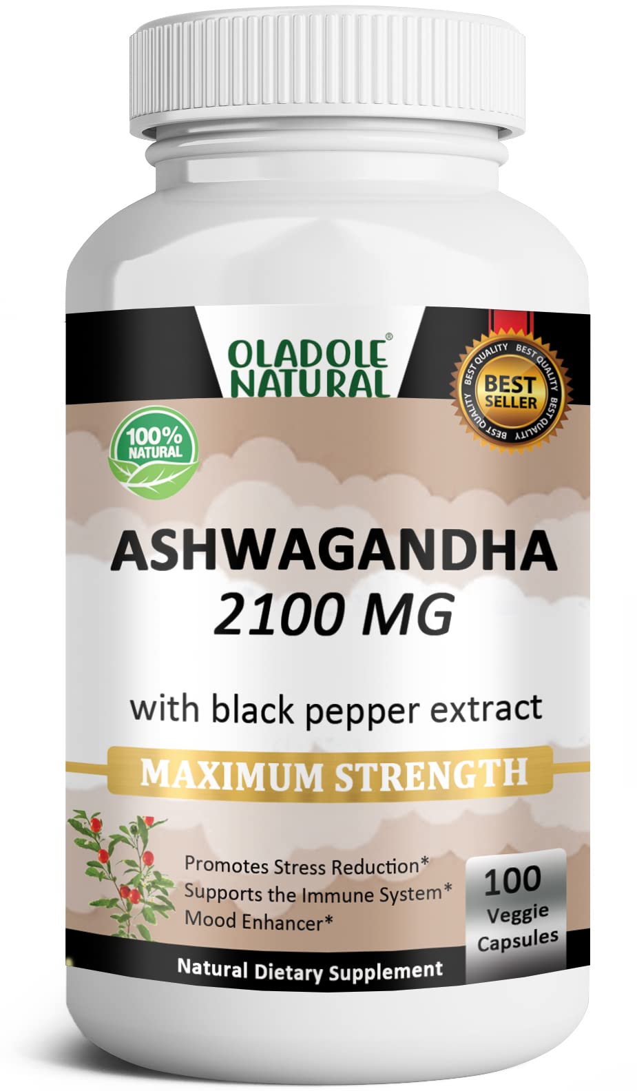 Oladole Natural Pure Organic Ashwagandha Powder and Root Extract 2100 mg Promotes Stress Relief, Mood Enhancer, and Immune System - 100 Veggie Capsule