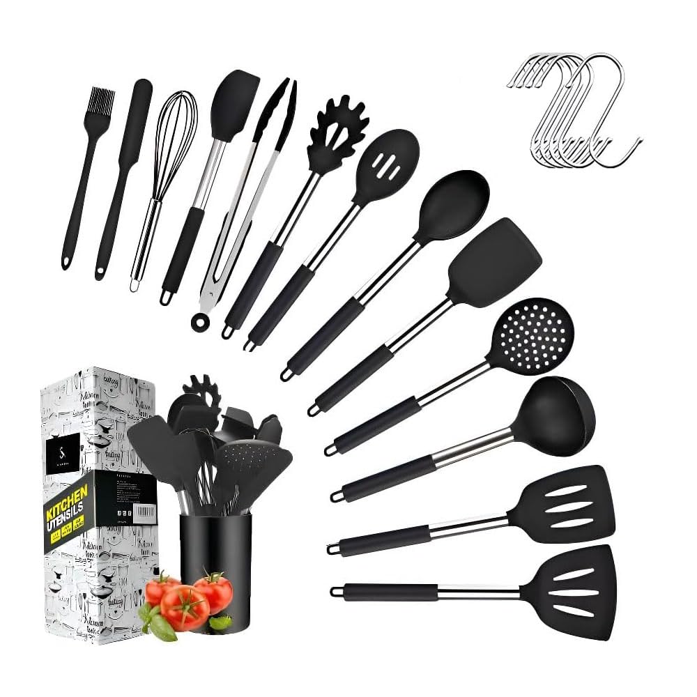 SJ TRADERS Kitchen Utensil Set, Novelty Birthday Gifts for Her, Silicone Cooking Utensils with Holder, Non-Scratch Spatula Set, Non-Stick & Heat Resistant Cookware Tool (Black Silicone, 15 Pcs Set)