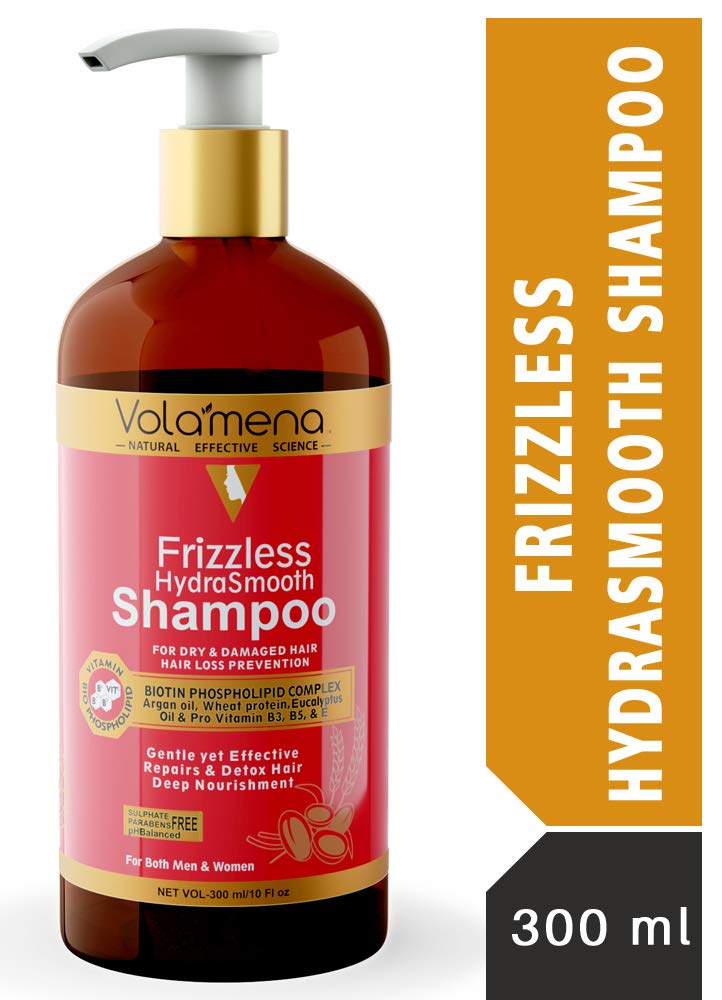 Volamena Frizzless HydraSmooth Shampoo No Sulphate/Parabens Shampoo Infused with Argan oil, Wheat Protein, Biotin, Pro-vitamin B5, B3, E, pH Balanced- 300ml