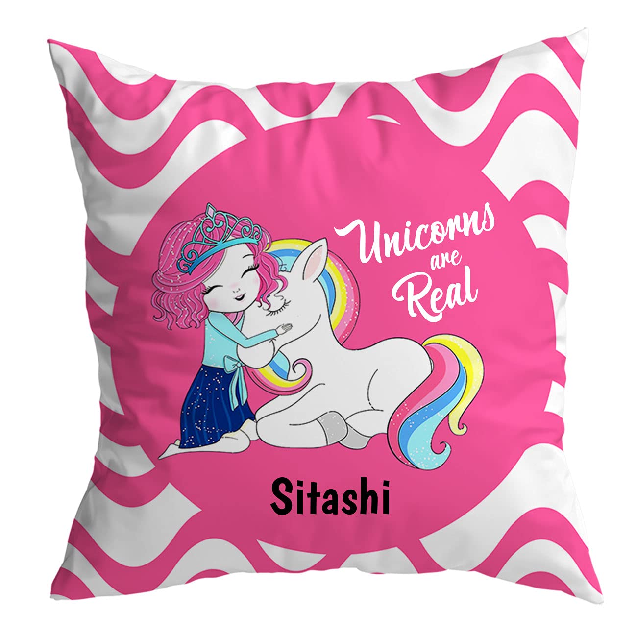 ASHVAH Sitashi Name Unicorn Cushion Cover with Filler - Best Happy Birthday Gift for Daughter, Sister, Gift for Kids, Return Gift - Color - Pink - Size - 12 x 12 inches