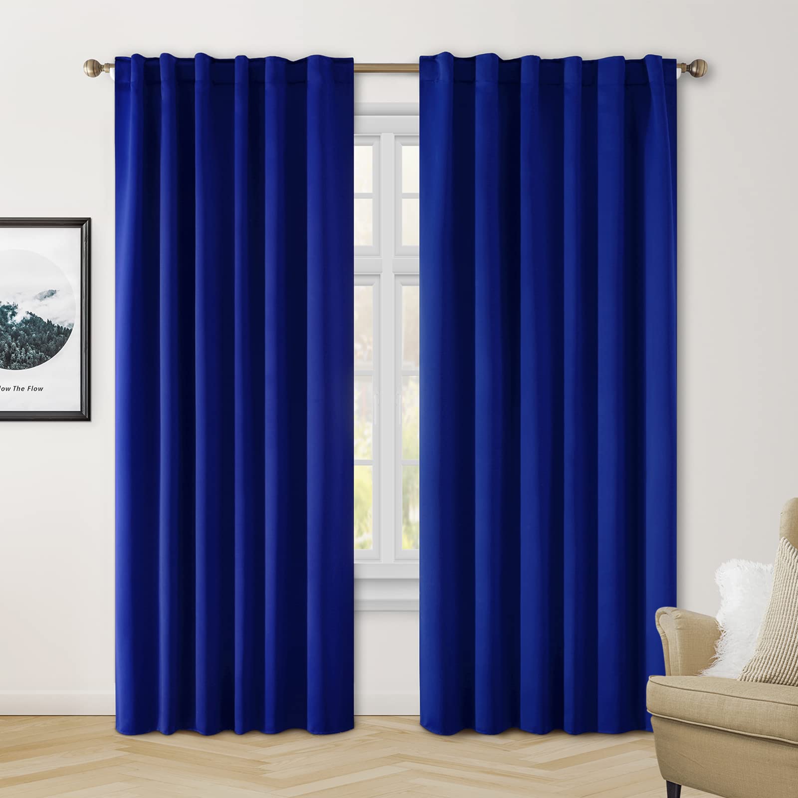 Blackout Curtains Room Darkening Bedroom Curtains/Drapes, Thermal Insulated Pocket & Back Tab Window Curtains for Living Room Royal Blue, (Wide 42 Inch by 63 Inch Long-2 Pannels Combined Size)