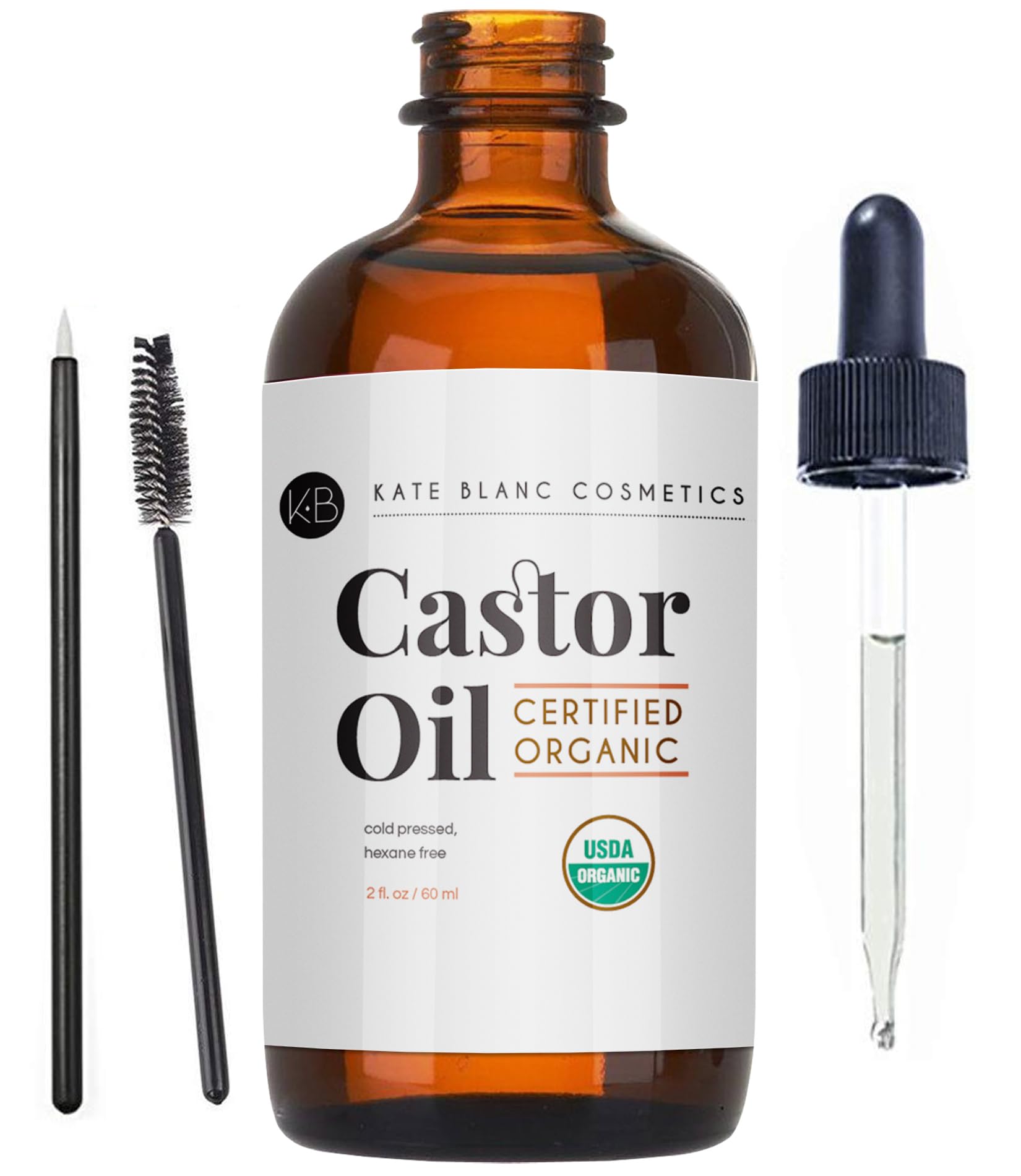 Kate Blanc Cosmetics Castor Oil (2oz), USDA Certified Organic, 100% Pure, Cold Pressed, Hexane Free. Stimulate Growth for Eyelashes, Eyebrows, Hair. Skin Moisturizer & Hair Treatment Starter Kit