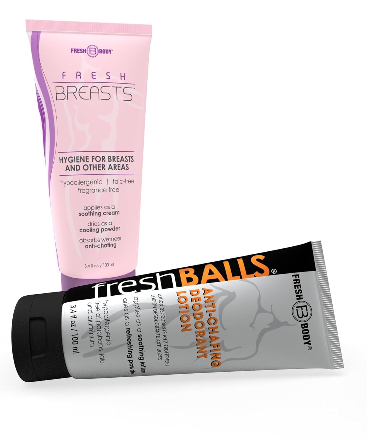 Fresh Breasts & Fresh Balls Anti-Chafing Lotion Duo for Women & Men – 3.4 fl oz Soothing Deodorant Lotion Set, Talc-Free, Aluminum-Free, Paraben-Free