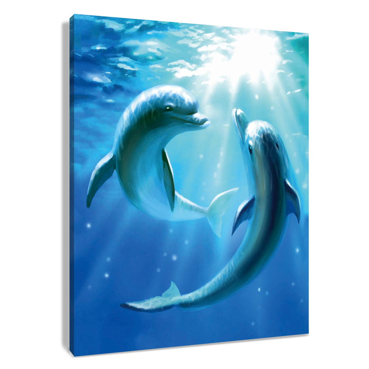 HVEST Dolphin Canvas Wall Art Cute Dolphins Playing Under Sea with Sunshine Picture Printing Artwork for Living Room Bedroom Bathroom Wall Decor,Stretched and Framed Ready to Hang,12x16 Inches