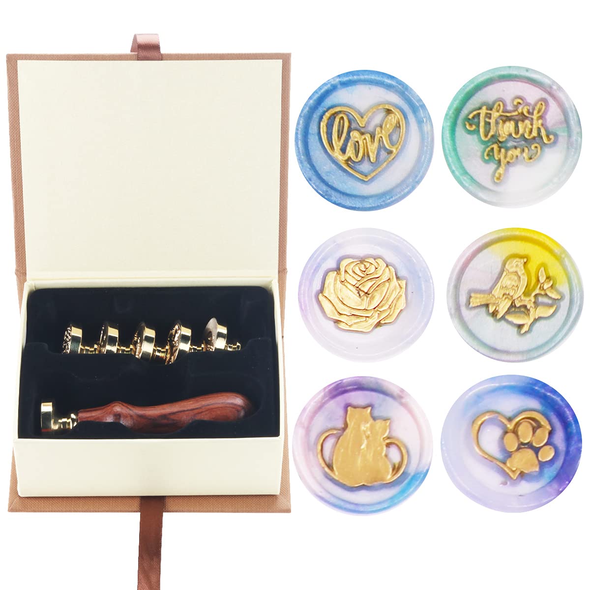 Wax Seal Stamp Set, HOSAIL 6 Pieces Cat Rose Bird Thank You Love Footprints Wax Sealing Stamp Kit with Brass Head + Wooden Handle, Vintage Wax Seal Stamp Set, Great for Christmas Day