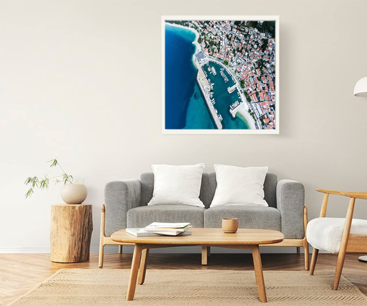 VERRE ART White Floater Framed Canvas - Wall Decor for Living Room, Bedroom, Office, Hotels, Drawing Room (22in X22in) - Baska Voda Beach