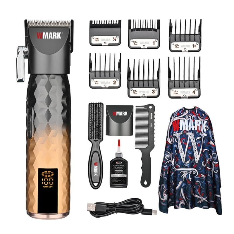 WMARKNG-2045 Ultra Premium Professional 9000 RPM 2 Speed Hair Clipper Set Zinc Alloy Body Digital Display 6 Guide Comb Taper Lever Cutting Cape Cleaning Brush Hair Brush Hair Sticker 180 min, Gold